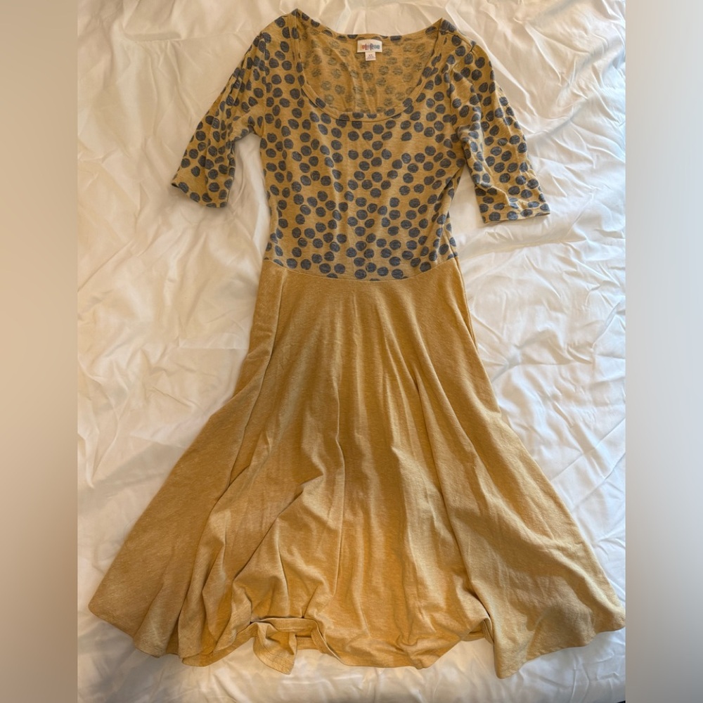 LuLaRoe Yellow and Blue Polka Dot Midi Dress